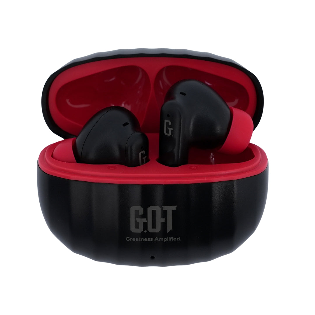 GPOD BEATS black wireless earbuds lifestyle shot with charging case