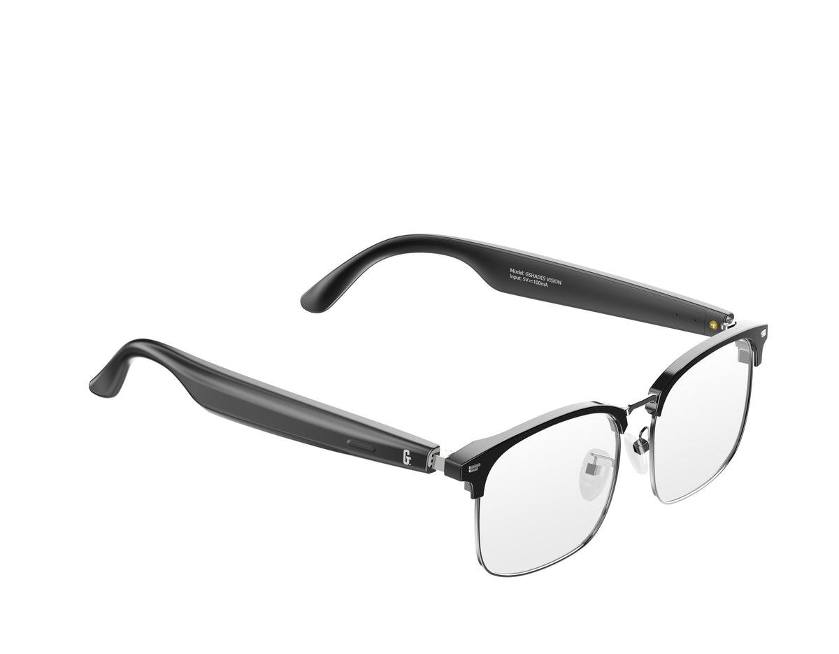 GSHADES VISION smart glasses with metal accents and open-ear speakers